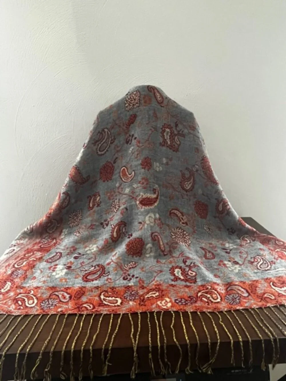 Scarf Wrap Pashmina Paisley Fringe Blue Orange
